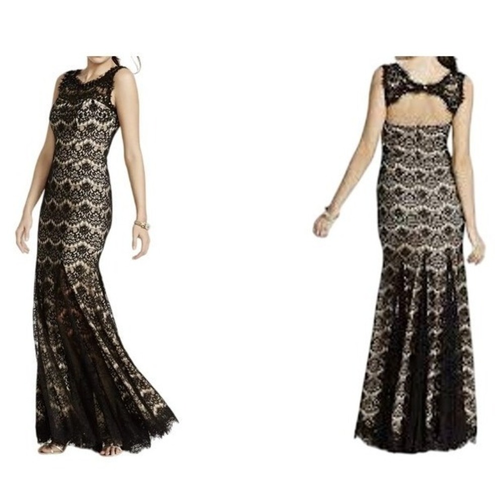 Betsy & Adam Black Nude Lace Beaded Gown 8